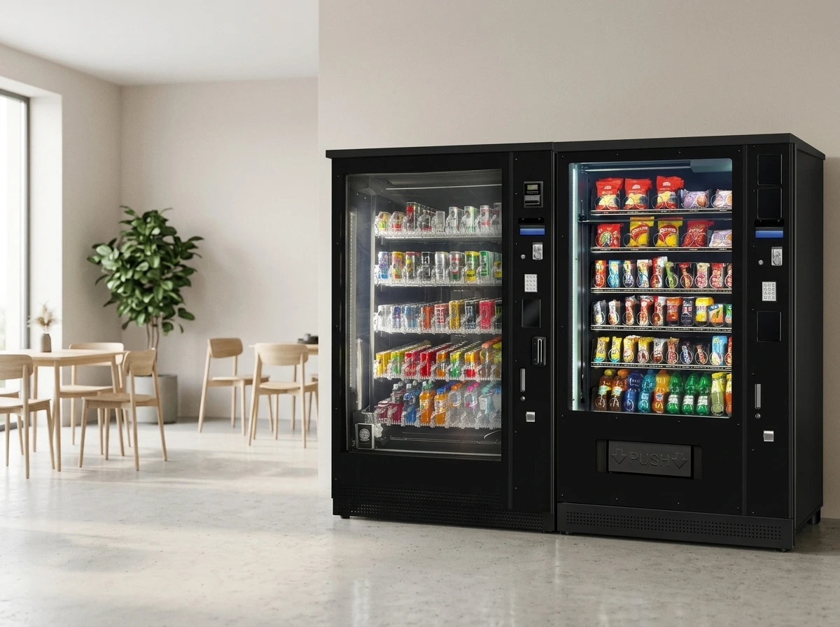 Snackautomat und Getränkeautomat nebeneinander an einer Wand in einem hellen Pausenraum