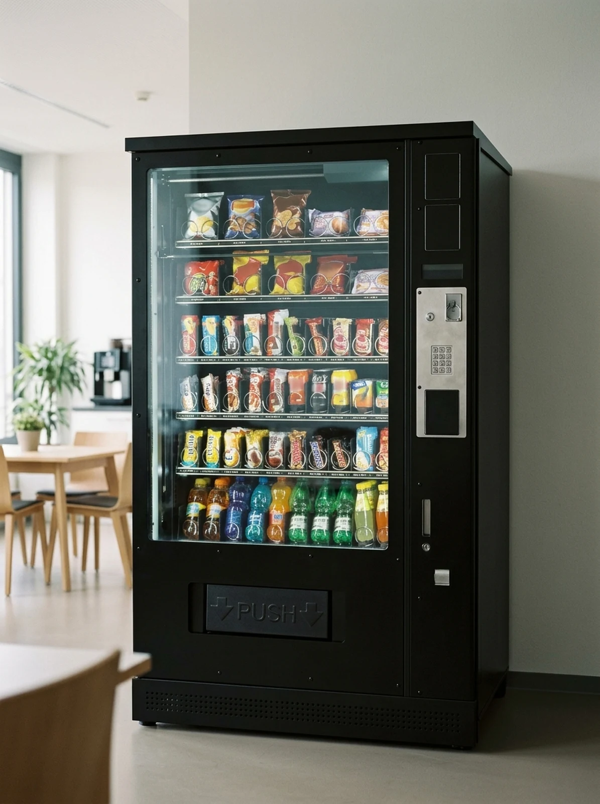 Kombiautomat mit Snacks in den oberen Fächern und kalten Getränken im unteren Bereich