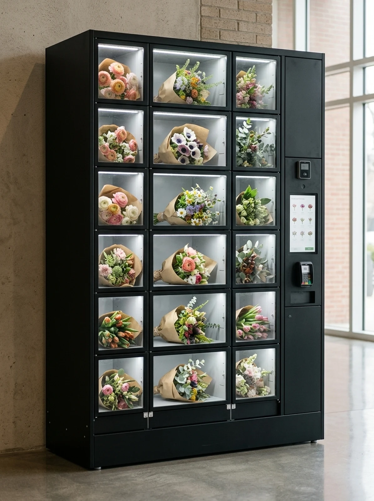 Locker-Ausgabeautomat mit 18 einzeln verschlossenen Fächern, bestückt mit frischen Blumensträußen, in einem hellen Eingangsbereich