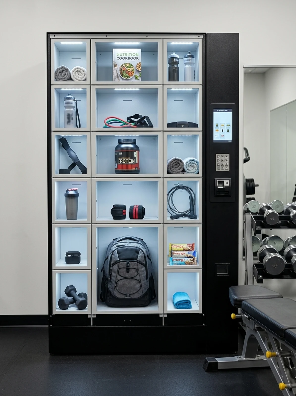 Locker-Ausgabeautomat mit 18 Fächern in einem Fitnessstudio, bestückt mit Handtüchern, Eiweißpulver, Kochbüchern und einem Rucksack
